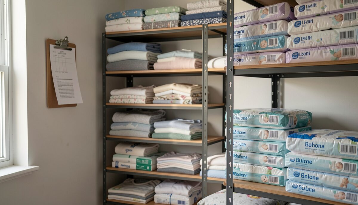 Shelves in a small storage room stocked with folded baby clothes and stacked packages of diapers, a clipboard hanging on the wall, no readable labels, no people, documentary photograph