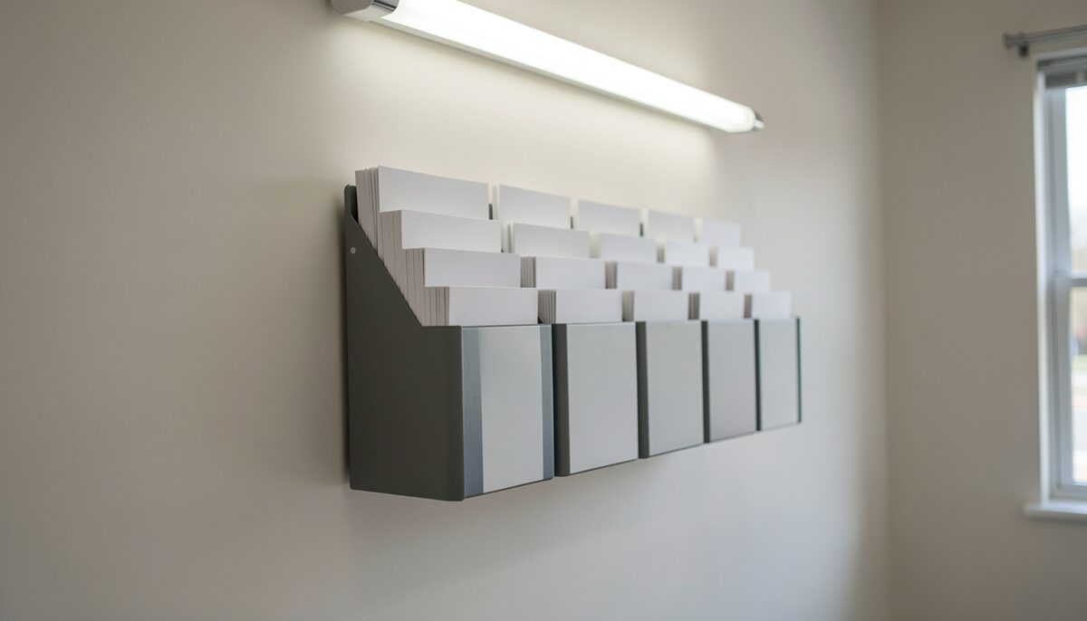 A brochure rack on a wall inside a small clinic office, rows of plain folded pamphlets with blank covers, fluorescent light, no readable text, no people, documentary photograph