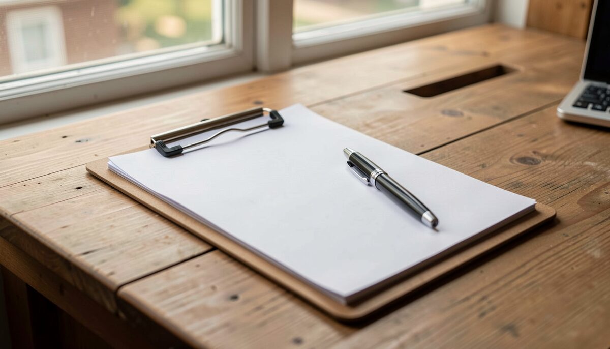 A clipboard with a blank paper form seen from the back side, a pen resting on it, on a wooden desk near a window, no readable text on the page, warm side light, documentary photograph