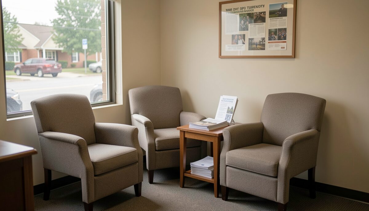 A quiet waiting room of a small storefront office in Ohio, three upholstered chairs, a side table with folded pamphlets face down, soft morning light through a front window, no people, documentary photograph