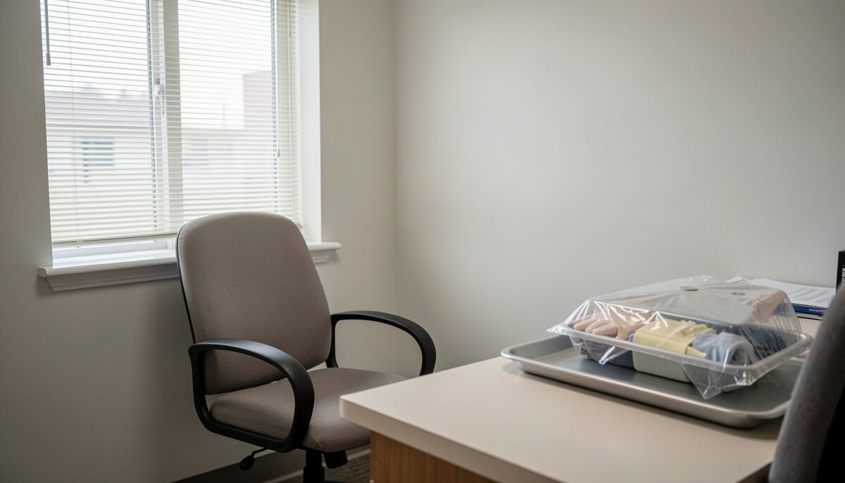 A small examination room in a community office, a cushioned chair, a counter with gloves and a covered tray, a window with blinds half open, no medical text visible, no people, documentary photograph