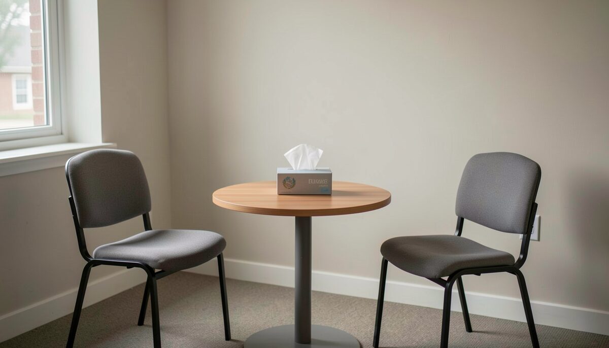 Two empty chairs facing each other across a small round table in a quiet consultation room, a box of tissues on the table, soft window light, no people, documentary photograph