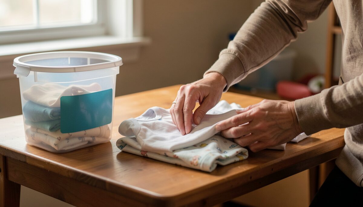 A volunteer's hands folding baby clothes on a table beside a donation bin in a back room, close crop showing hands and fabric only, warm indoor light, documentary photograph