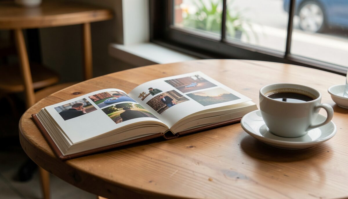 A small photo album lying open on a coffee shop table, photographs face down or turned away, a cup of coffee beside it, soft window light, no readable text, no people, documentary photograph