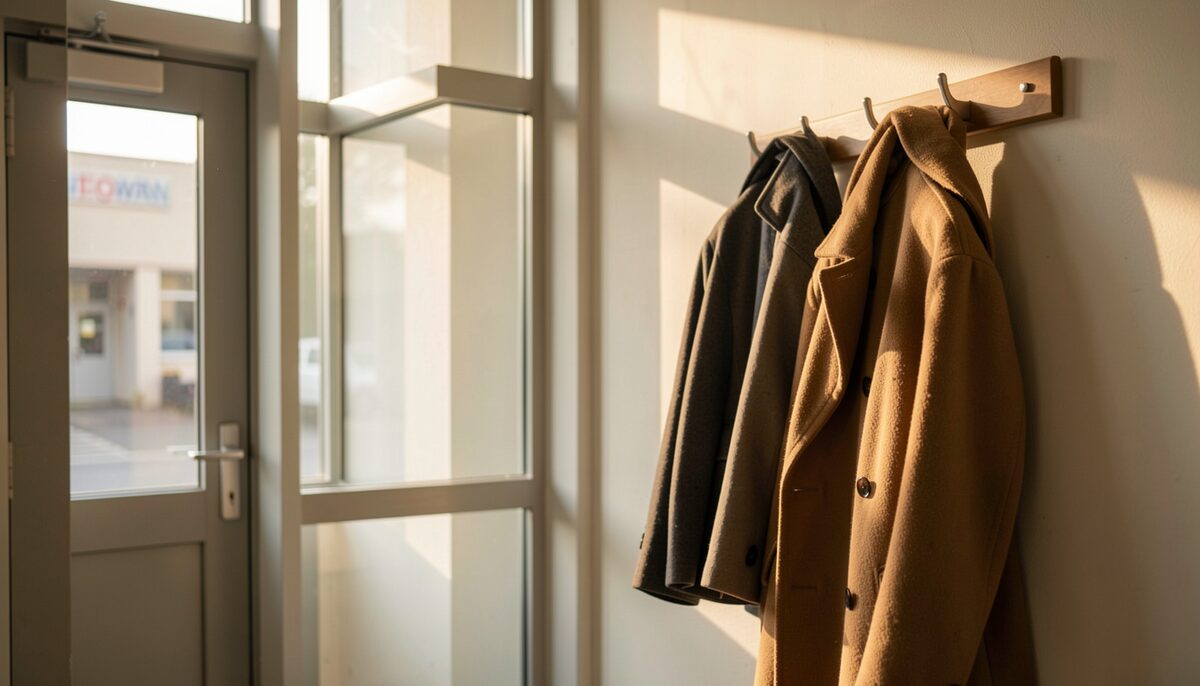 A man and woman's coats hanging side by side on a wall rack near a waiting room door, late afternoon light from a window, no faces, no people visible, documentary photograph